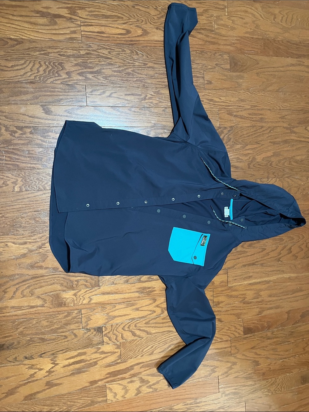 L.L. Bean Navy Hooded Utility Jacket with Bright Teal Chest Pocket